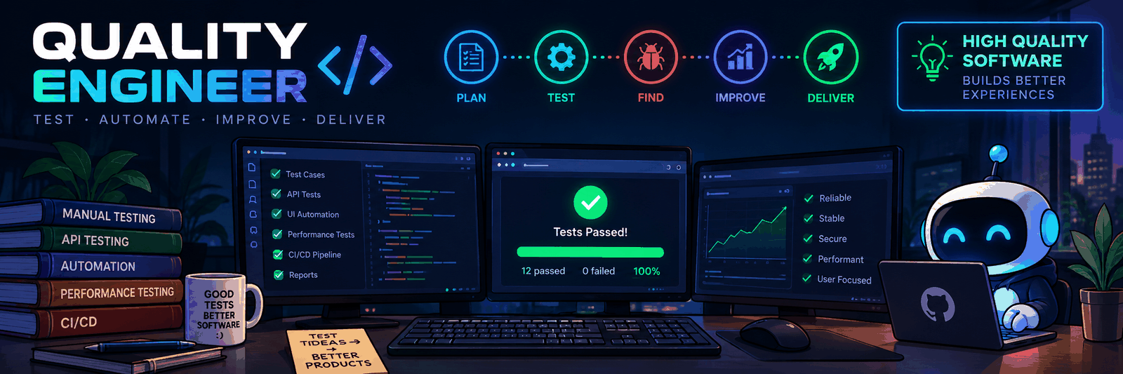 Animated Quality Engineer illustration with testing workflow and automation themes